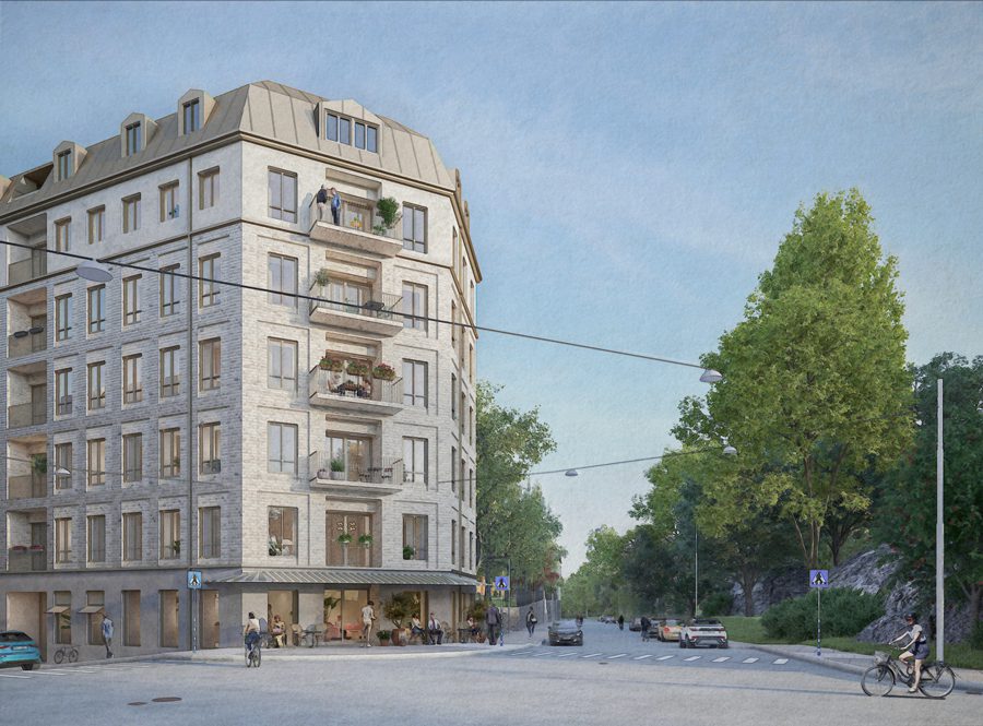 Visualisering av det planerade bostadshuset i Kvarteret Yxan, med balkonger och grönska längs Högalidsgatan.